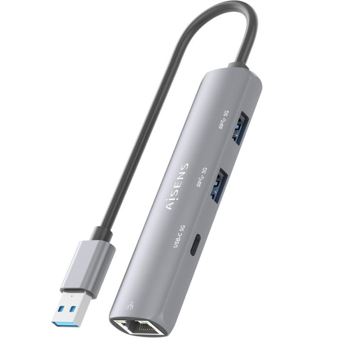 Aisens Docking Station USB-A a Gigabit Ethernet + Hub 1xUSB-C y 2xUSB-A, Gris